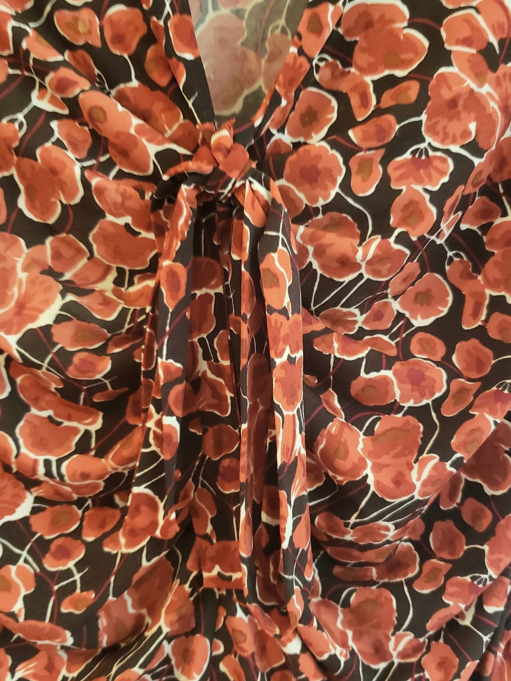 Nine West Pink and Brown Floral Ruched V-Neck Tie Front Top - Picture 6 of 6